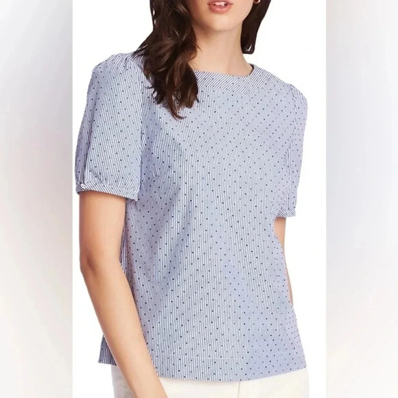 Court & Rowe Flocked Dot Pinstripe Short sleeve  Cotton Blouse M - Picture 1 of 5
